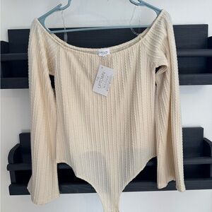 Le Lis Beige Ribbed Off-Shoulder Bodysuit
